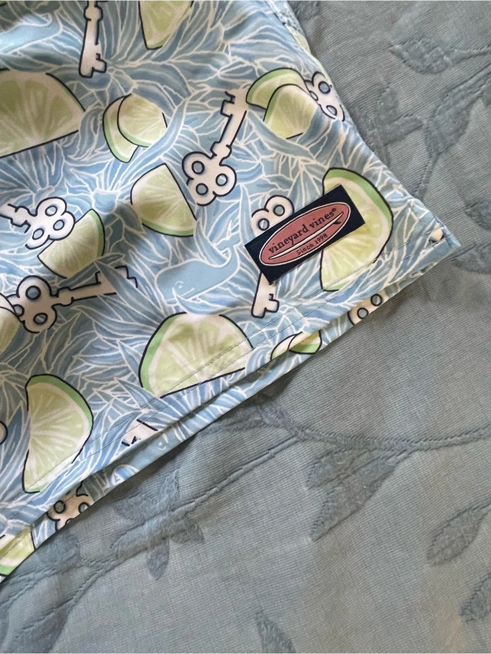 Vineyard Vines Men's Light Blue Swim Trunks with Lime Slice Print